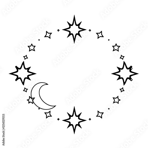 A celestial starry pattern depicting a moon framed by smaller stars and a crescent moon. A stylized star scape with stars on the surrounding the image.
