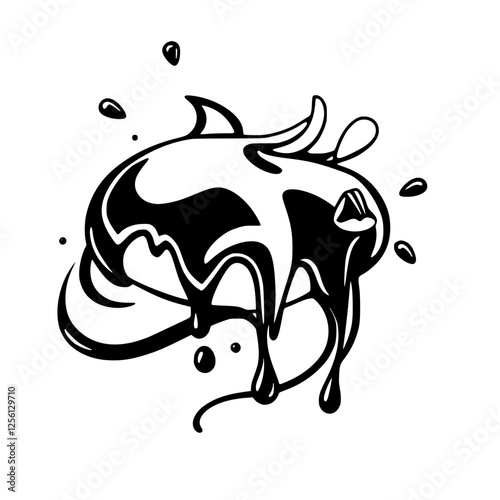 Stylized abstract inkblot illustration of a creature with a shark fin and stylized drips and drops on a white background.