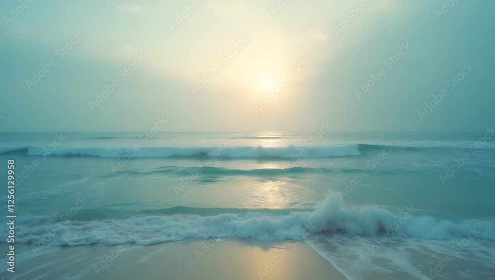 Fototapeta premium A serene, tranquil seascape features soft waves meeting the sandy shore under a hazy, sunlit sky. 