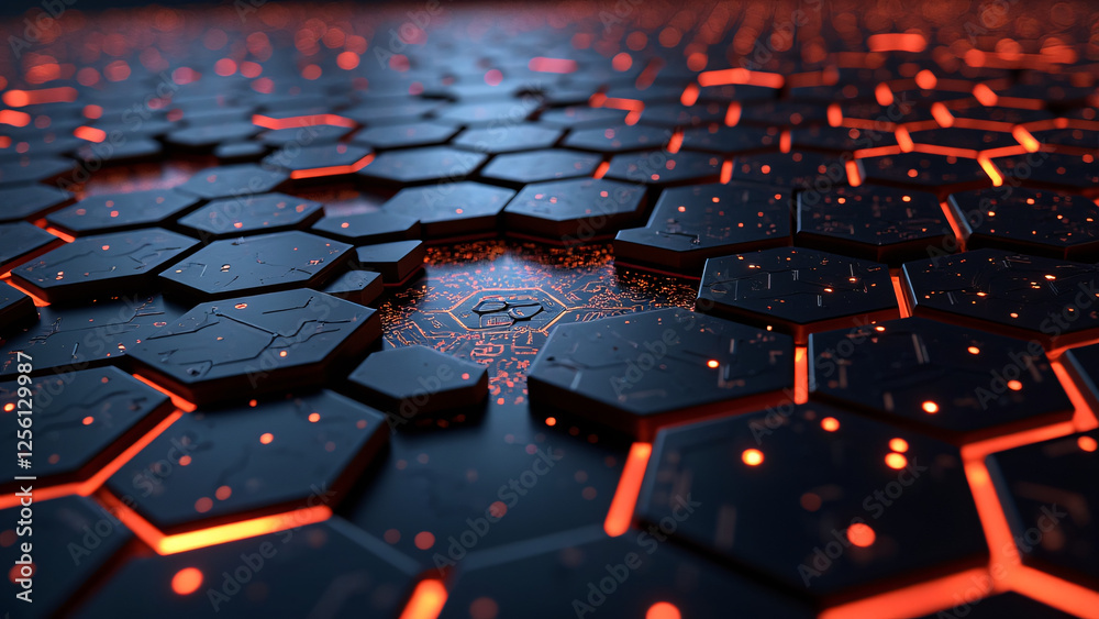 Fototapeta premium Abstract tech background with glowing orange hexagonal shapes. Ideal for sci-fi, future, or network themes.