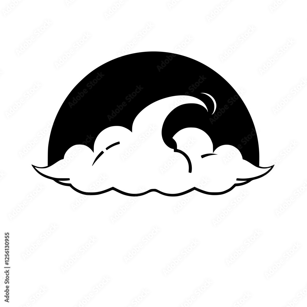 Naklejka premium Simplified illustration of a stylized wave breaking beneath a black semi-circle suggesting a sun, moon or setting sun, cloud formation.