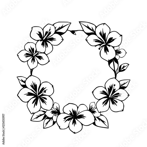 Floral wreath composed of blossoms and leaves, arranged in a circular pattern, black and white.