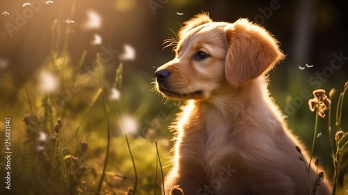 A golden retriever puppy sitting in a sunlit meadow, soft fur shimmering under the golden hour light, tiny dewdrops on the grass reflecting the warm hues 
