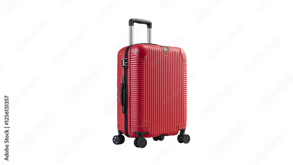 Modern Red Hard-Shell Suitcase with Spinner Wheels on Transparent Background Modern Red Hard-Shell Suitcase with Spinner Wheels on Transparent Background