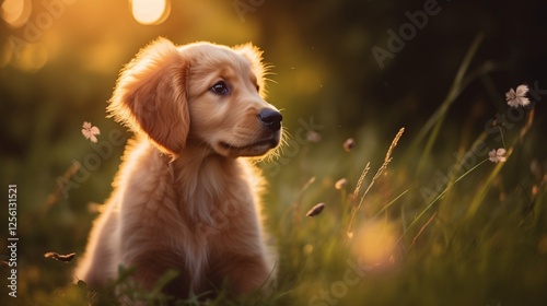 A golden retriever puppy sitting in a sunlit meadow, soft fur shimmering under the golden hour light, tiny dewdrops on the grass reflecting the warm hues 