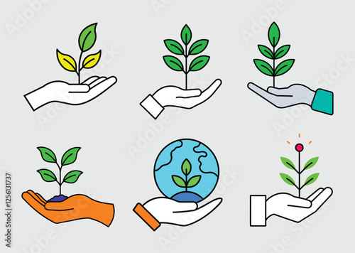 Hand holding plant tree green leaves icons set vector.