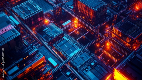 Futuristic Abstract Cityscape with Neon Lights and Technology Elements