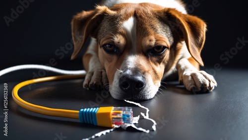 Curious puppy explores a colorful cable while lounging on a sleek black surface in a playful moment of mischief and discovery