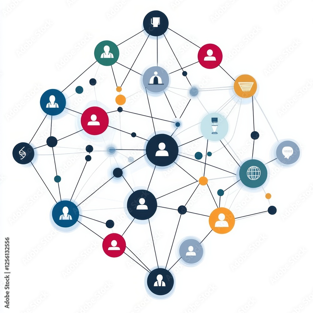 Social network diagram with diverse icons representing digital connections and communication Social network diagram with diverse icons representing digital connections and communication