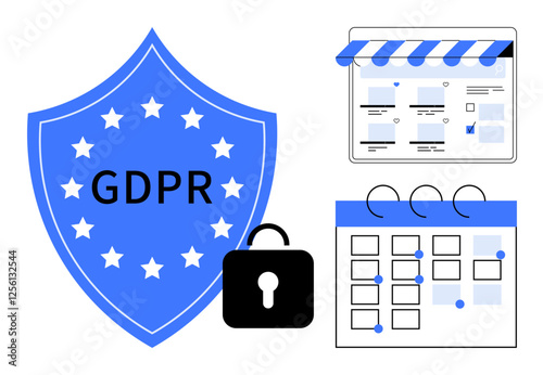 Blue shield labeled GDPR, lock icon, storefront diagram, calendar with events. Ideal for data protection, privacy laws, compliance, security, scheduling online store management policy enforcement