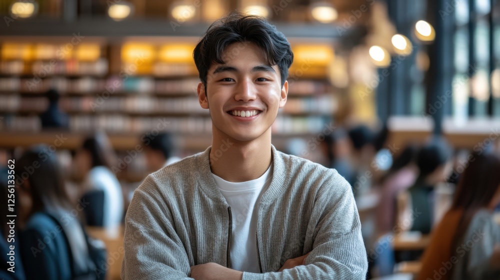 Fototapeta premium Young student smiles confidently while studying in a vibrant library filled with books and fellow learners