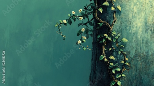 Serene Vine and Blossoms: A Teal Escape