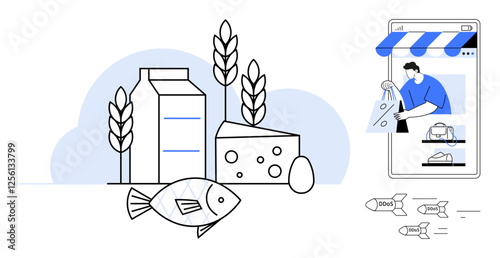 Milk carton, cheese block, wheat stalks, fish, and egg organized aside. Smartphone with a person shopping on the screen. Ideal for e-commerce, food delivery, healthy eating agriculture farm