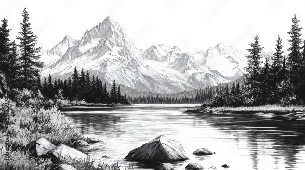 Serene Black and White Landscape with Majestic Mountains and Tranquil River in a Natural Setting Serene Black and White Landscape with Majestic Mountains and Tranquil River in a Natural Setting