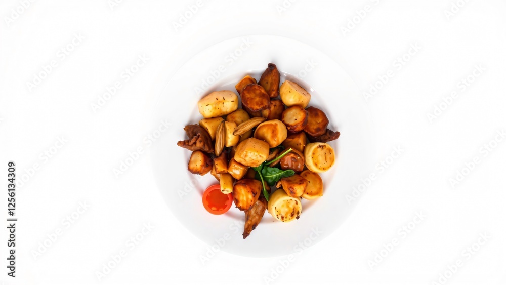 Roasted Mushrooms and Potatoes with Cherry Tomato Garnish on White Plate Roasted Mushrooms and Potatoes with Cherry Tomato Garnish on White Plate