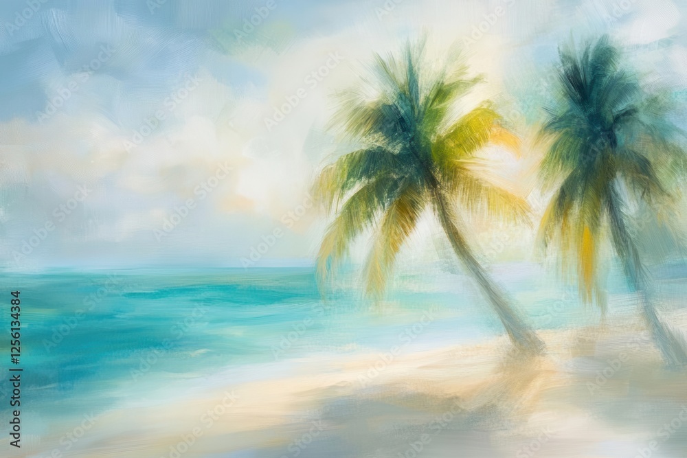 dreamy beach landscape with swaying palms, turquoise waters blending into horizon, soft focus paradise scene dreamy beach landscape with swaying palms, turquoise waters blending into horizon, soft focus paradise scene