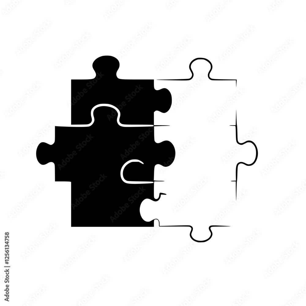 Abstract puzzle with two pieces: Black and white jigsaw components, showing a partial connection, set on a white background.