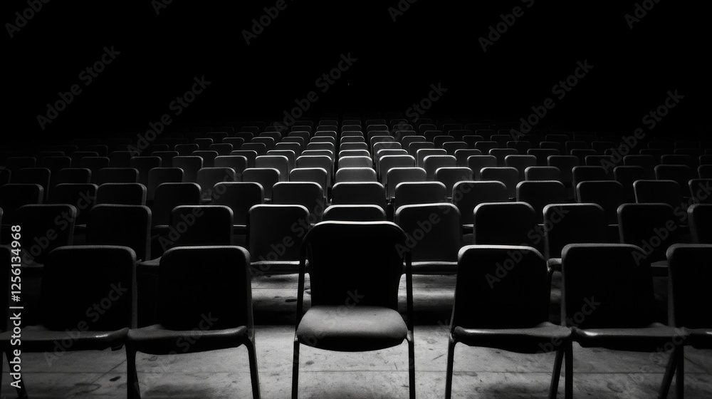 Naklejka premium Empty auditorium chairs, dark room, spotlight, performance venue, event