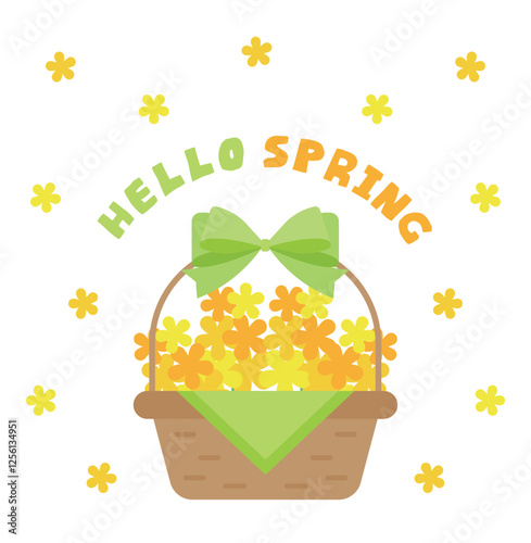An illustration of a basket of yellow rapeseed flowers in full bloom in spring. The typography reads, "Hello Spring."