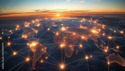 Intricate global value chains connecting manufacturers, suppliers, and distributors across borders - conceptual illustration of international trade and supply chains photo