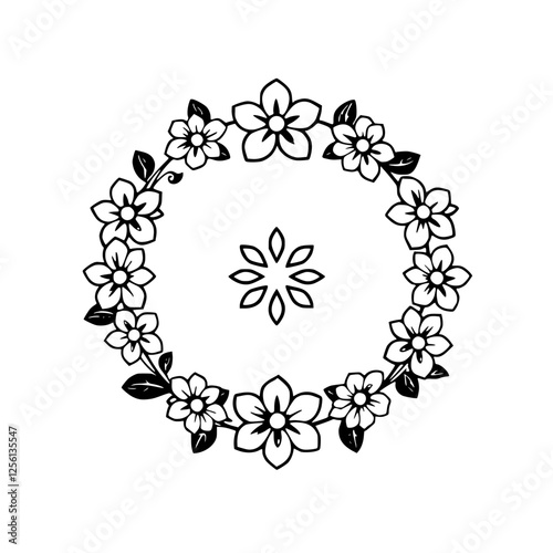 Elegant, clean black and white floral wreath with a central asterisk-shaped design; artistic floral border.