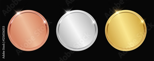 3D realistic blank bronze, silver and golden awards. First, second and third place blank medals