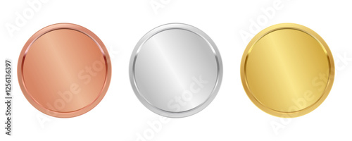 3D realistic blank bronze, silver and golden awards. First, second and third place blank medals