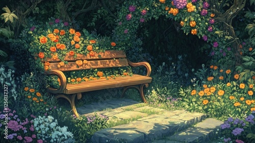 Serene Garden Bench: A Peaceful Escape in a Blooming Paradise