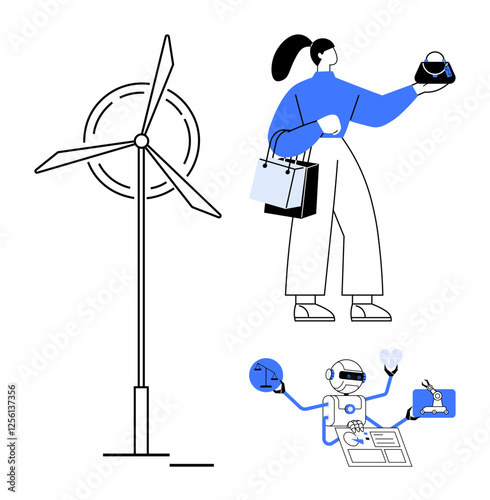 Woman holding shopping bags, a robot multitasking with lab research, wind turbine for renewable energy. Ideal for tech innovation, AI, robotics, shopping, renewable energy, clean technology future