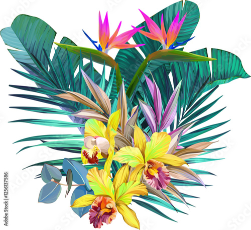 Bouquet of tropical flowers. Hibiscus, paradise flowers. exotic, tropical
