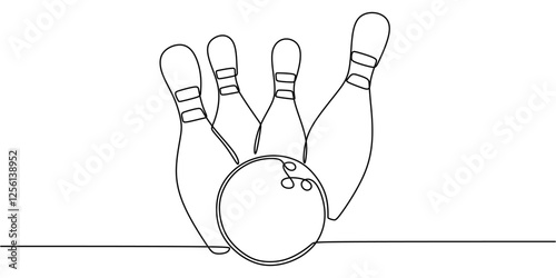 Continuous line art of bowling ball and pins. Represents bowling games, entertainment, and teamwork.