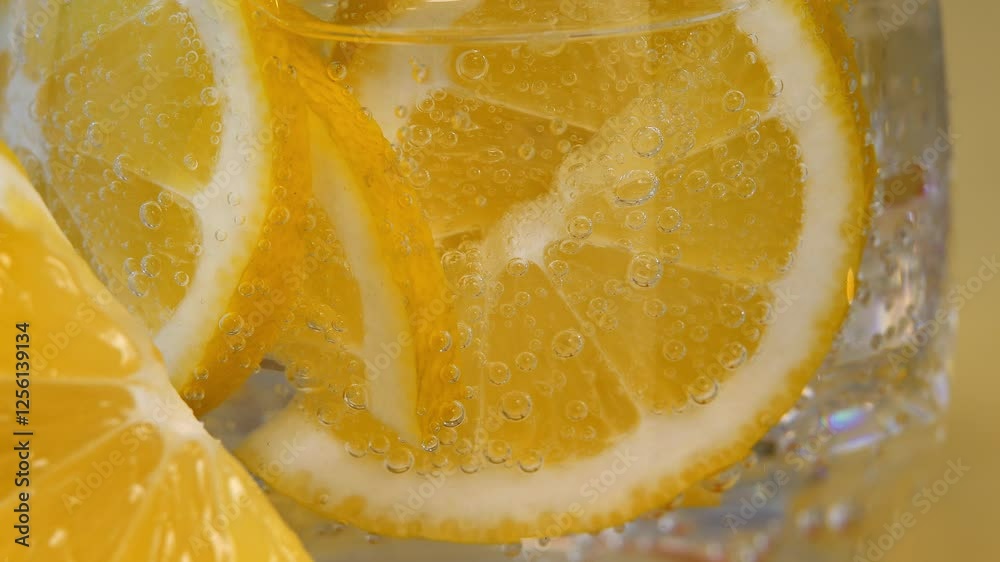 Close up of carbonated drink with bubbles with fresh lemon slices and ice in glass with mineral water. Soda water. Lemonade