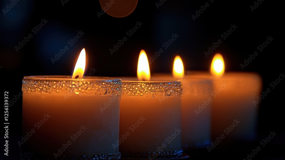 A serene arrangement of glowing candles illuminating a dark background, creating a peaceful ambiance A serene arrangement of glowing candles illuminating a dark background, creating a peaceful ambiance