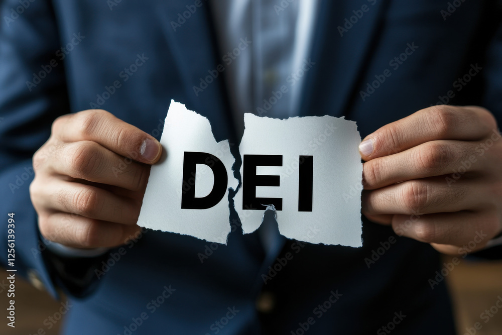 close up businessman tearing apart in half a rectangular piece of paper with bold text close up businessman tearing apart in half a rectangular piece of paper with bold text