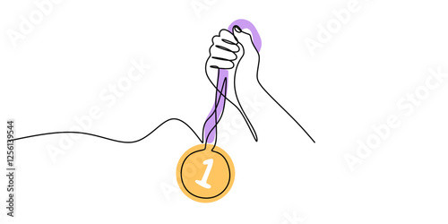 Winner hand gripping a medal in a single continuous line. Representation of success, awards, and sports competition.