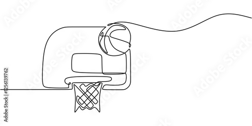 Basketball hoop with a ball in continuous line drawing. Minimalist design symbolizing scoring, sports, and teamwork.