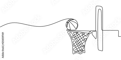 Continuous one line drawing of a basketball hoop and ball. Concept of shooting, competition, and athletic performance.