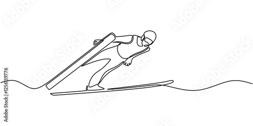 Ski jumping athlete in continuous line drawing. Minimalist depiction of winter sports, extreme action, and competition.