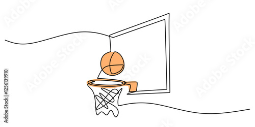 Basketball hoop with a ball in continuous line drawing. Minimalist design symbolizing scoring, teamwork, and competitive play.