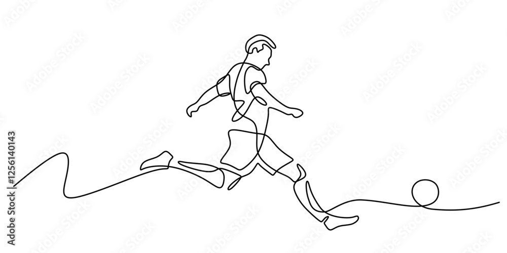 Fototapeta premium Football player continuous line drawing. Person kick a ball during game.