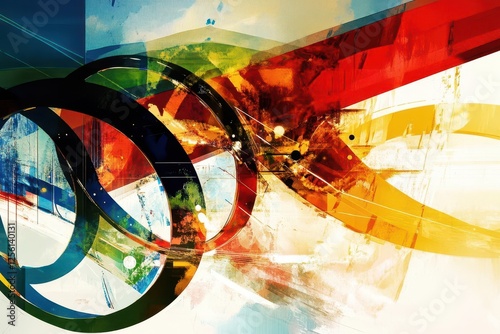 dynamic sports-themed abstract composition with intersecting geometric shapes in olympic ring colors and motion elements