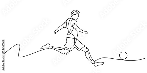Football player continuous line drawing. Person kick a ball during game.