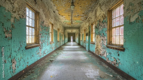Abandoned Corridor with Peeling Paint and Natural Light Streaming In