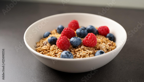 Bowl of granola with fresh raspberries and blueberries. Tasty meal. Delicious food for breakfast.