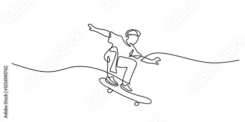 Continuous one line drawing of a skateboarder executing a freestyle move. Symbol of agility, street culture, and urban sports.