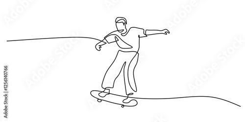 Skater performing a trick on a skateboard in continuous line drawing. Representation of creativity, balance, and extreme sports.