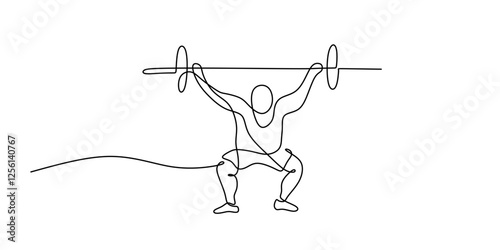 Weightlifter raising a barbell in continuous line drawing. Depiction of strength, endurance, and intense training.