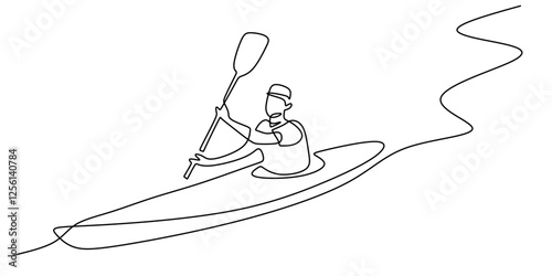 Rower paddling in a canoe in continuous line drawing. Symbol of coordination, teamwork, and strength in water sports.