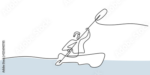Continuous one line drawing of a canoeist rowing through water. Representation of endurance, rhythm, and outdoor adventure.
