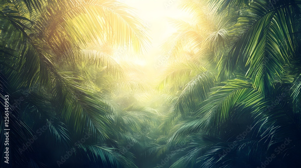 Fototapeta premium Jungle scene with palm trees sunlight and tropical leaves with citrus fruits arranged on a wooden surface
